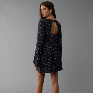 American Eagle Black Bow Print Romper M Bell Sleeve Open Back